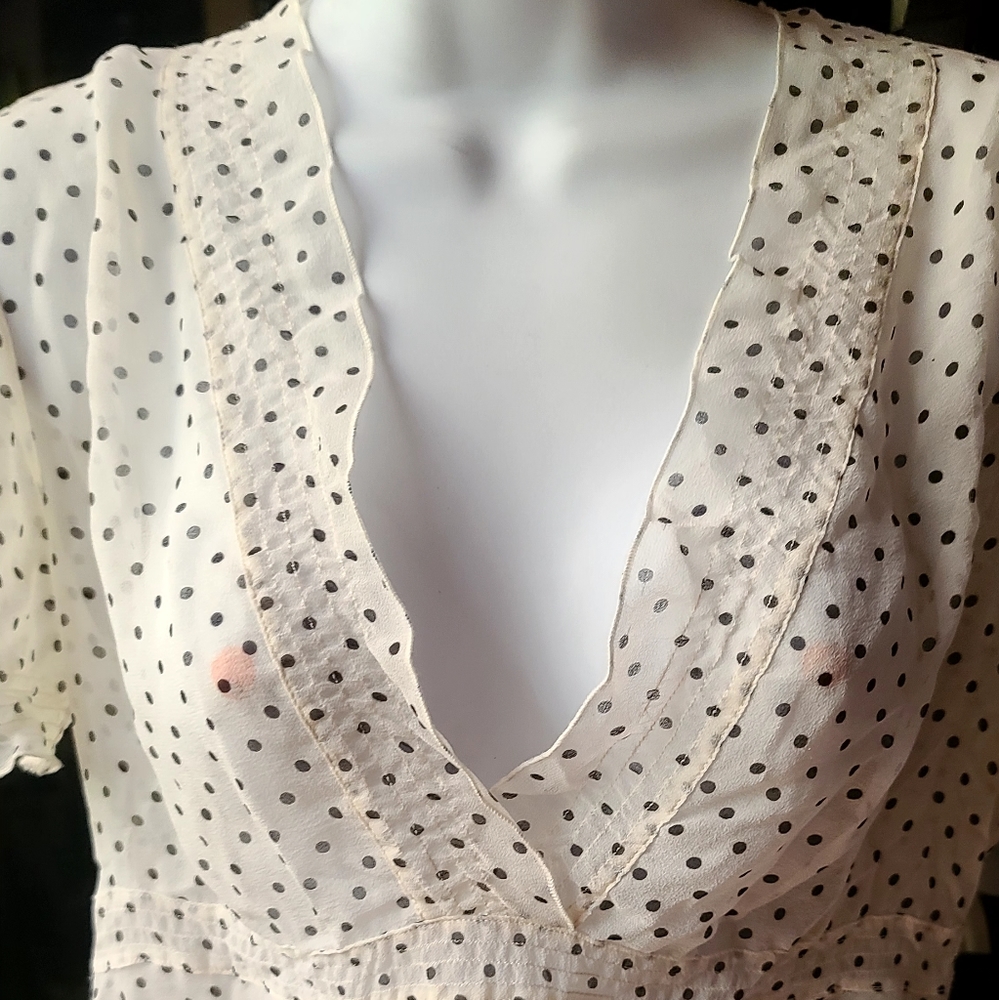 100%Silk BCBG MAXAZRIA sheer cream polka-dot ruffled top sz4 - Picture 6 of 8